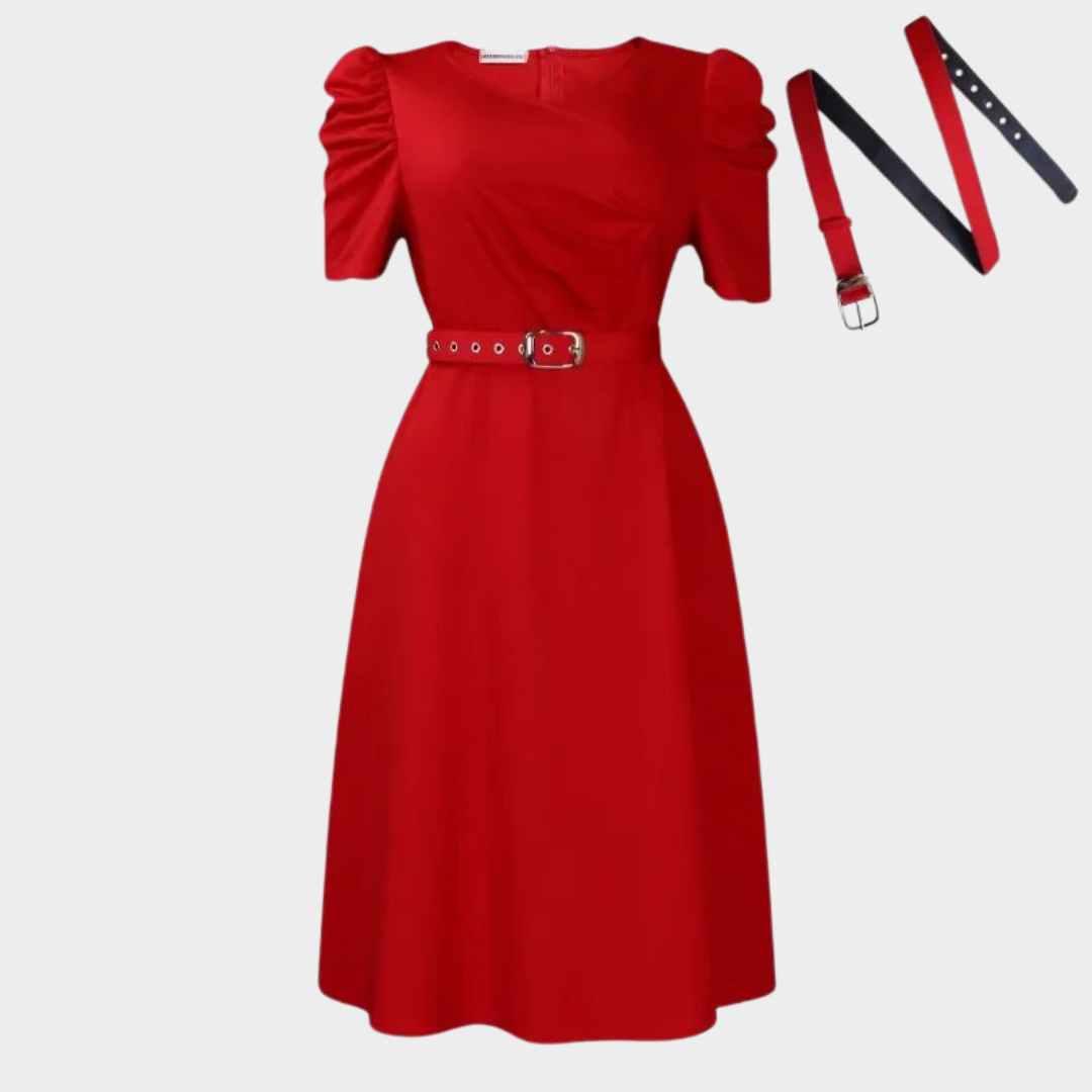 Women's A-Line Dress – Elegant V-Neck – Short Sleeves – Pleated Design – Office & Church Wear – Red