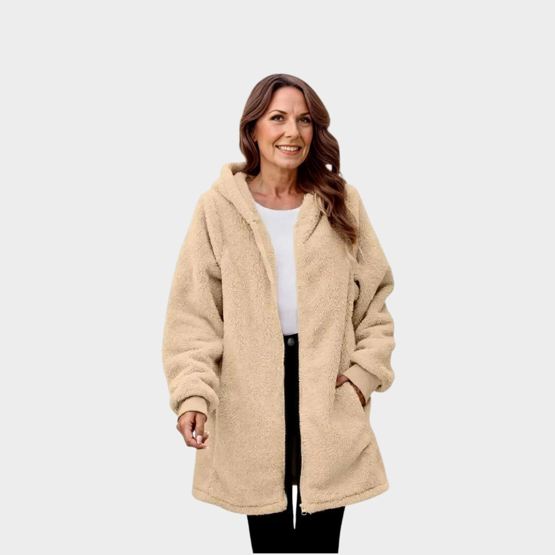 Plush Hooded Jacket for Women – Casual Autumn Winter Outerwear, Brown, Beige, Black