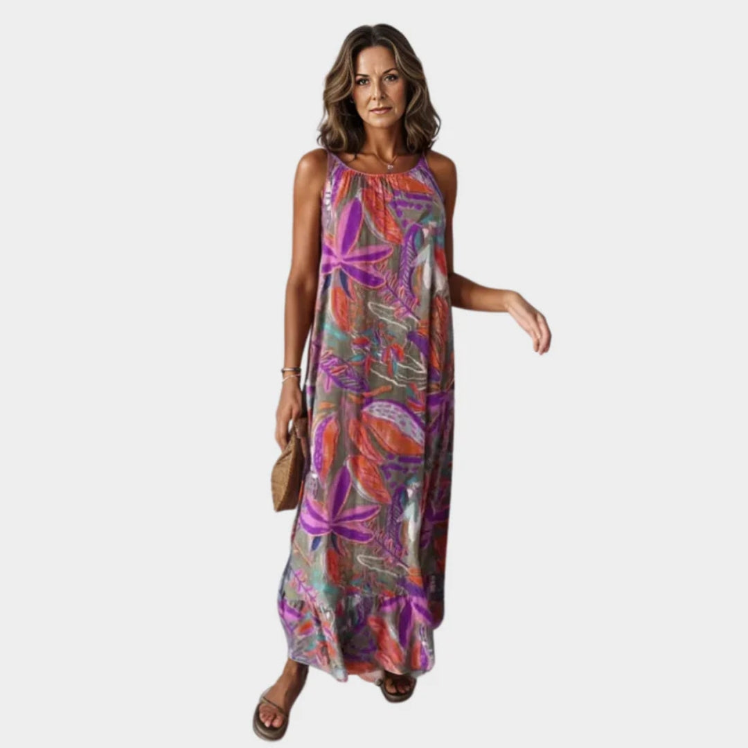 Women's Sleeveless Maxi Dress – Bohemian Floral Print Summer Beach Dress (Light Purple, Yellow, Pink, and More)