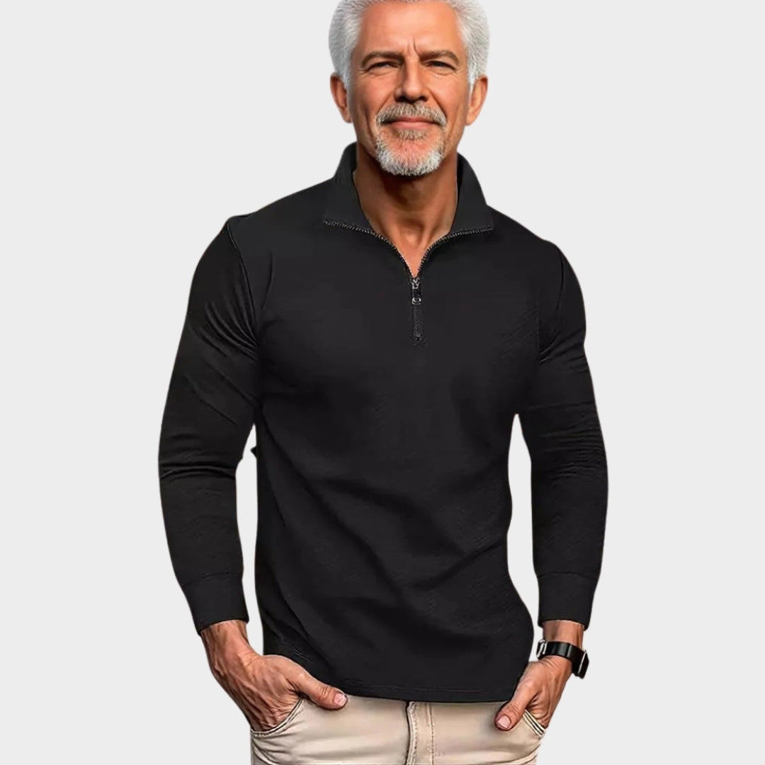 Men's Long Sleeve Polo Shirt - Twill Jacquard Zipper, Comfortable Breathable Casual Top, Dark Grey, Light Grey, Khaki