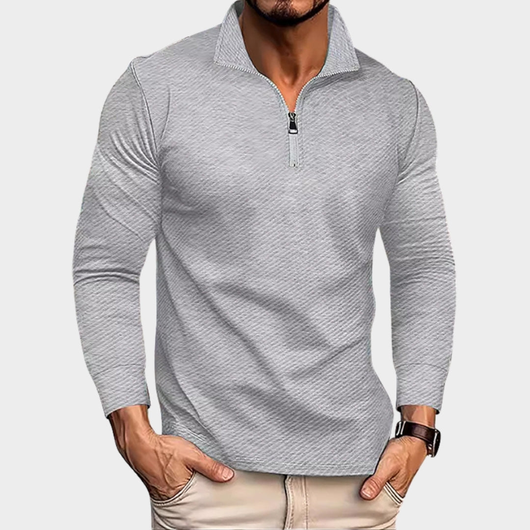 Men's Long Sleeve Polo Shirt - Twill Jacquard Zipper, Comfortable Breathable Casual Top, Dark Grey, Light Grey, Khaki