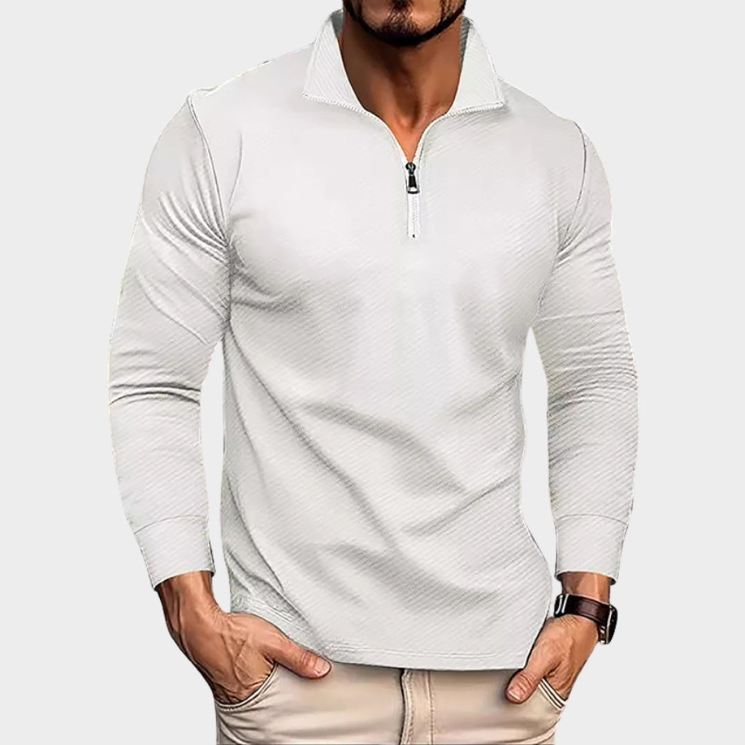 Men's Long Sleeve Polo Shirt - Twill Jacquard Zipper, Comfortable Breathable Casual Top, Dark Grey, Light Grey, Khaki