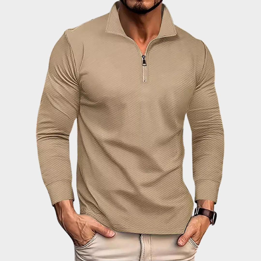 Men's Long Sleeve Polo Shirt - Twill Jacquard Zipper, Comfortable Breathable Casual Top, Dark Grey, Light Grey, Khaki