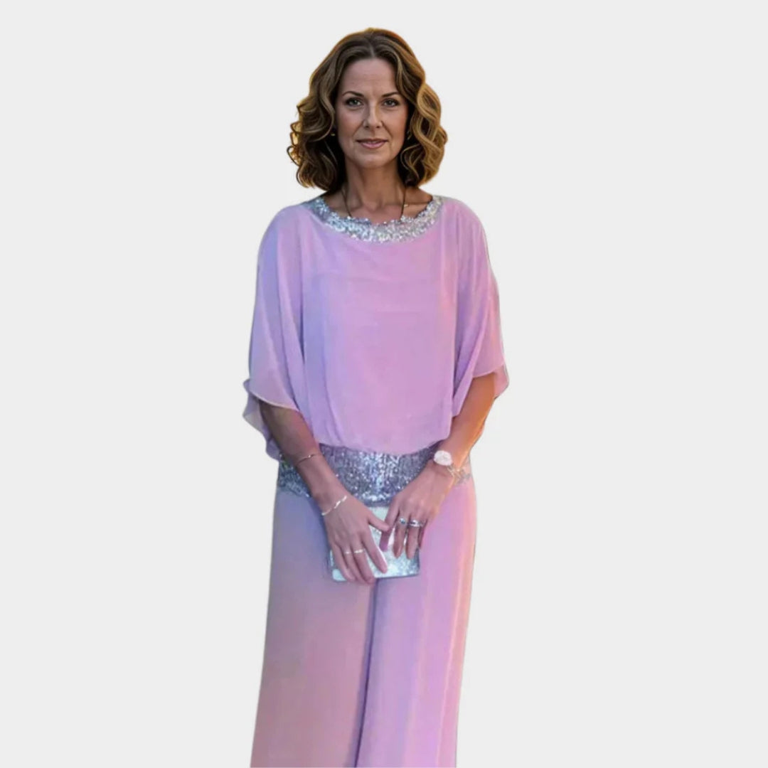 Women's Two-Piece Set – Batwing Sleeve Top & Wide-Leg Pants in Pink Chiffon with Sequins