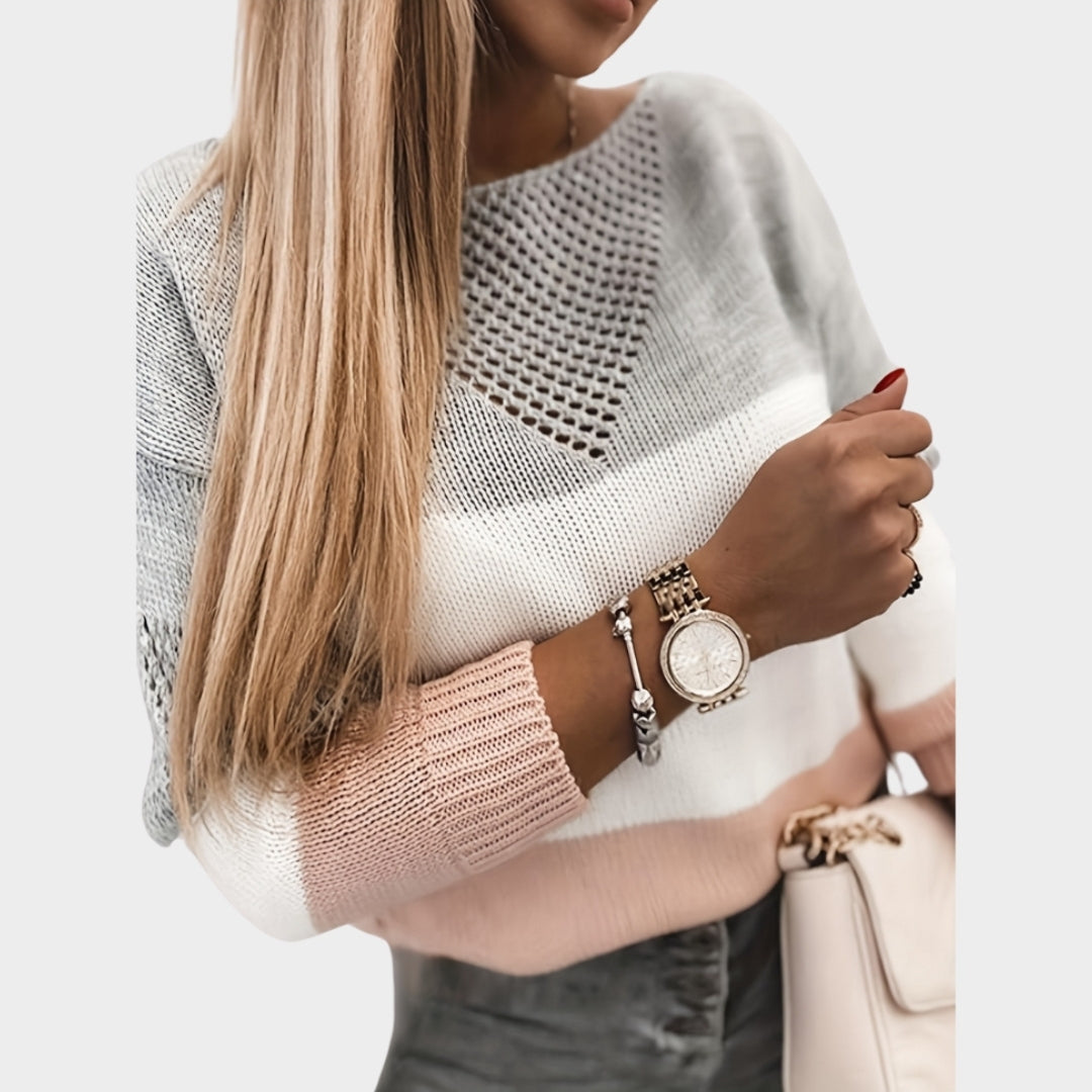 Autumn Winter Women’s Knitted Sweater - Casual Versatile Color Panel Design, Multi-Color, Cut-Out Neckline