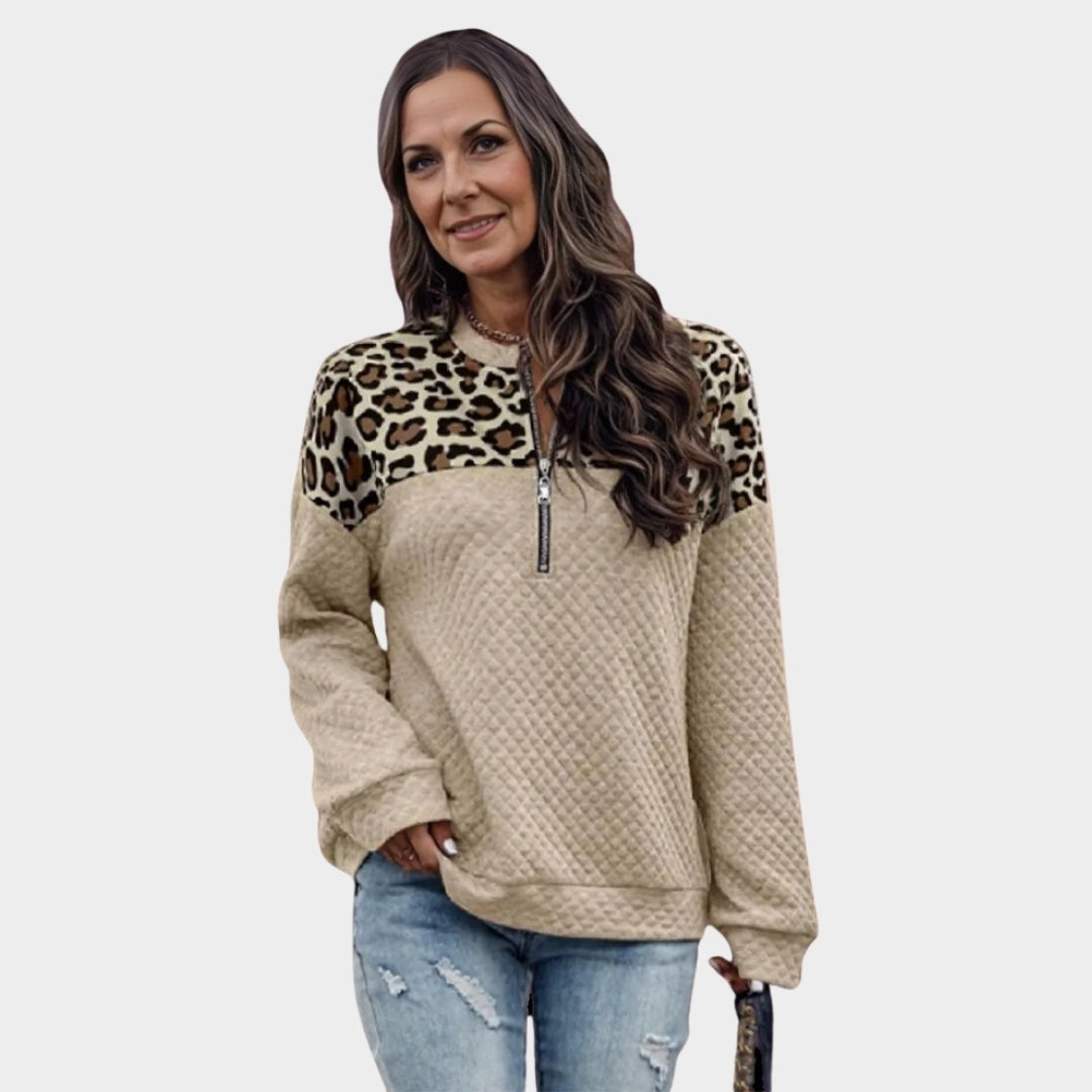 Women’s Leopard Printed Sweater - Round Neck, Zipper Sweater, Trendy Autumn Winter Top