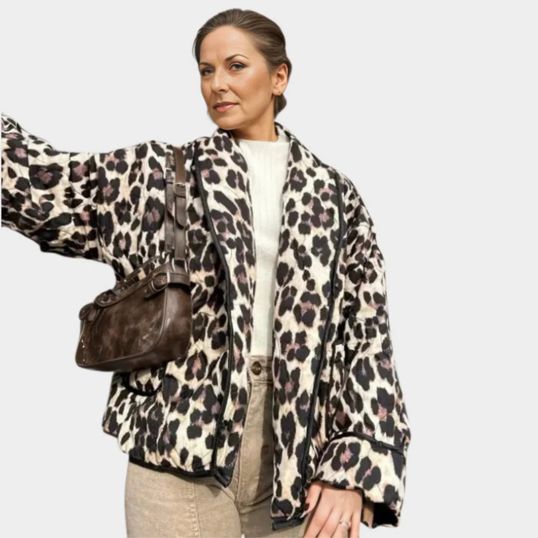 Vintage Women’s Padded Jacket – Leopard Print, Relaxed Fit, Fall/Winter Casual Cardigan-Style