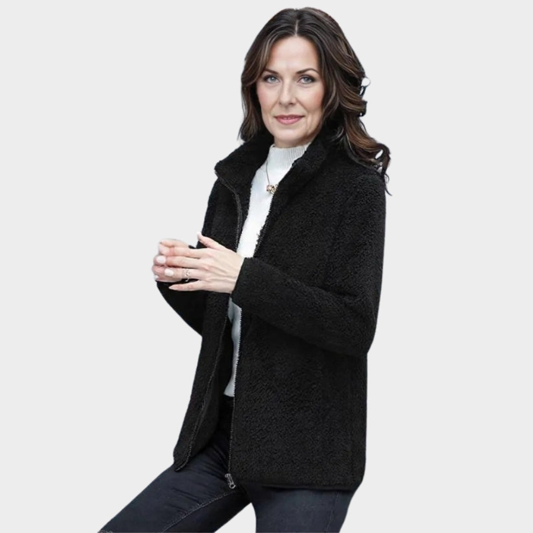 Women's Winter Thickened Double-Sided Fleece Coat – Stand Collar, Warm Cardigan Jacket, Black, Blue