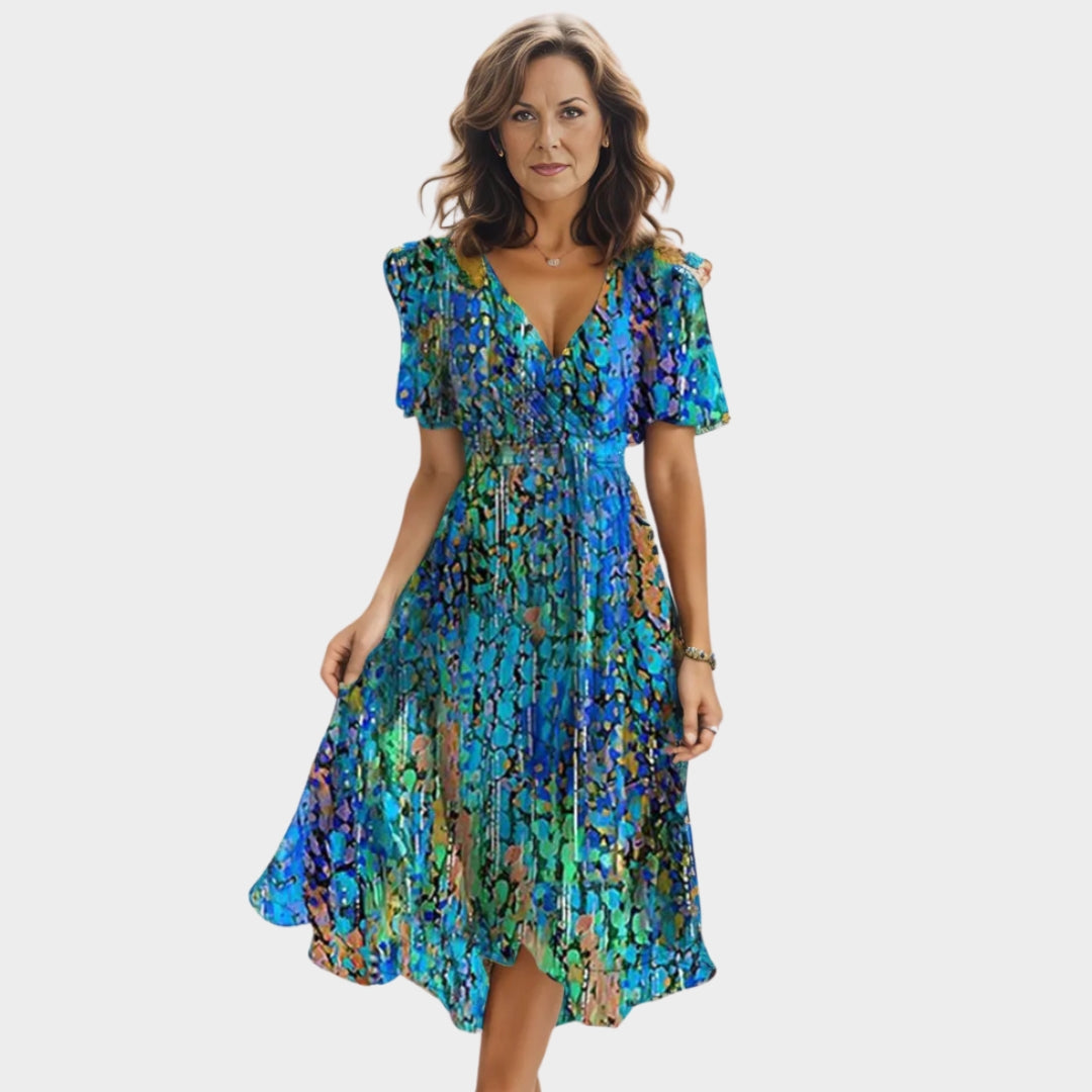 Women's Elegant A-Line Chiffon Dress – V-Neck, High Waist, Floral Bohemian Style