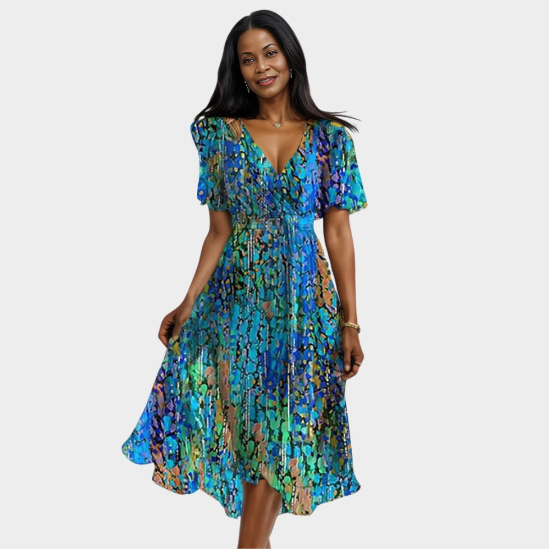 Women's Elegant A-Line Chiffon Dress – V-Neck, High Waist, Floral Bohemian Style