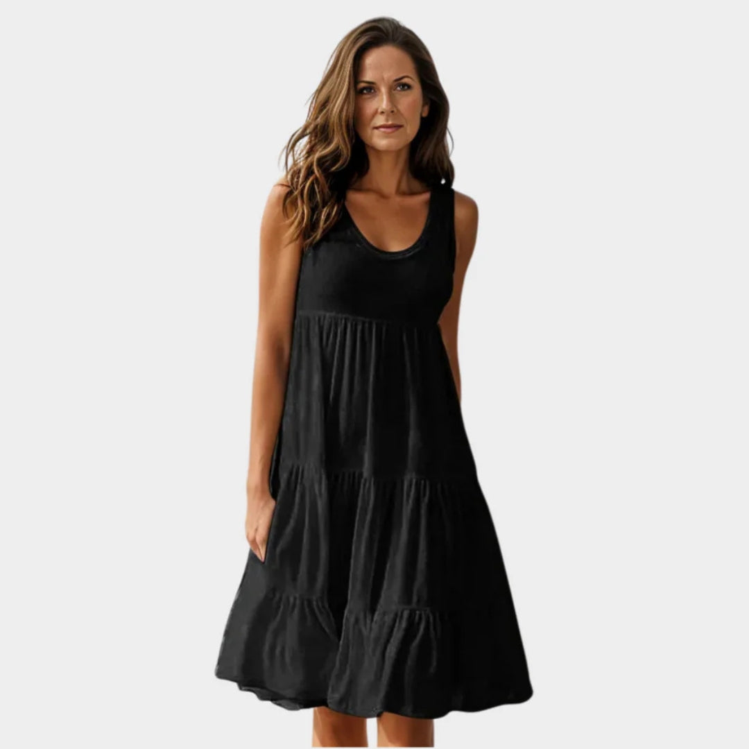 Women's Sleeveless Summer Midi Dress – O-Neck Loose Fit with Ruffles (Black, Yellow, Green, and More)