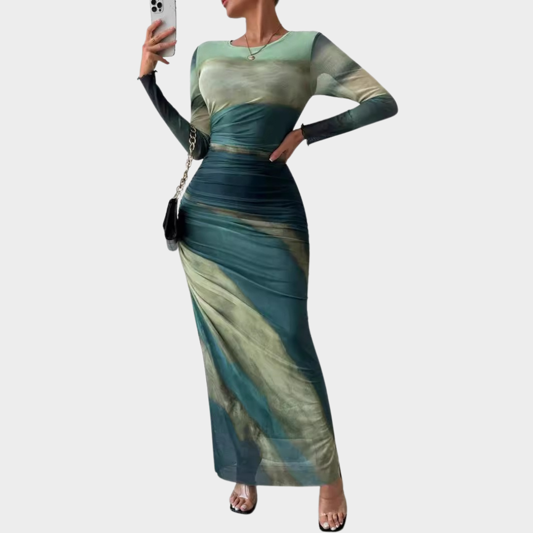 Women Comfy Bodycon Maxi Dress – Long Sleeve Round Neck Printed Silhouette – Multiple Colours